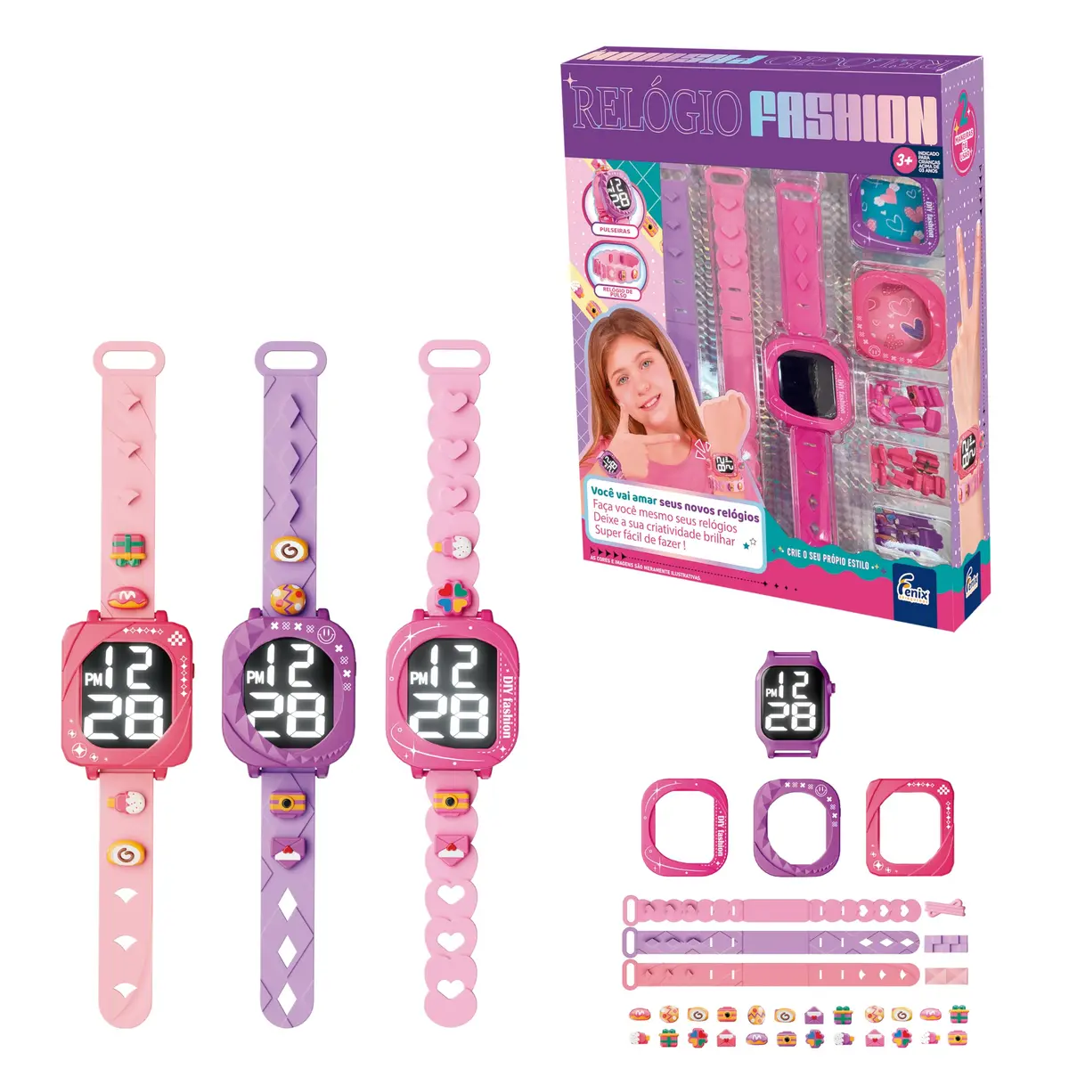 Kit Relógio Fashion Infantil com 01 Relógio Digital, 03 Tipos de Pulseiras e Diversos Acessórios