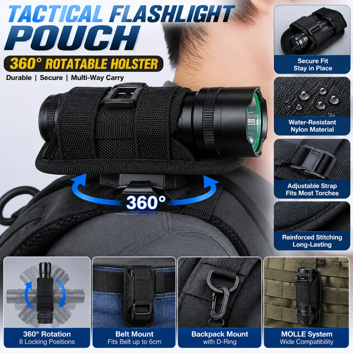 Bolsa tática para lanterna, bolsa de cinto para lanterna, acessório de iluminação durável para caça, kits de sobrevivência, coldre giratório de 360 graus para lanterna. - 1
