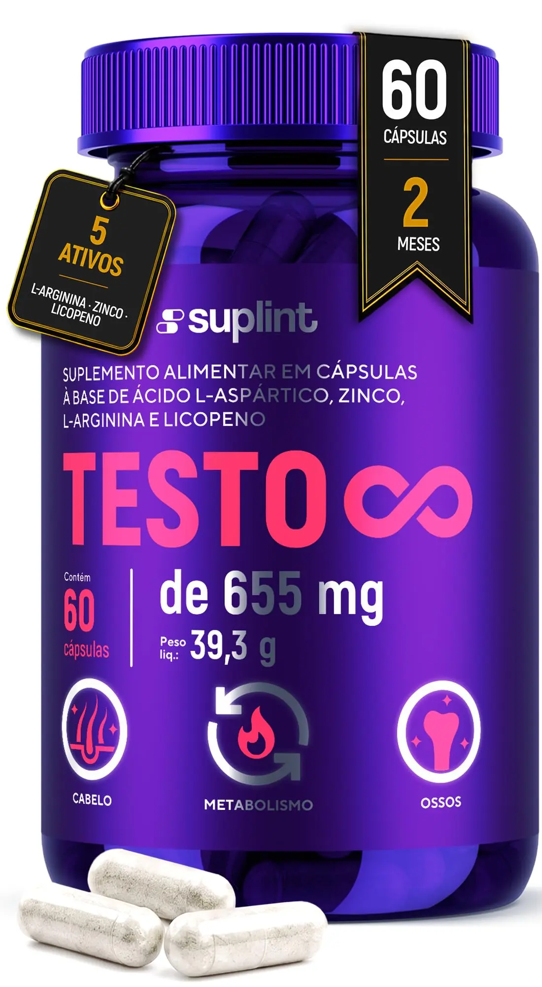 Suplemento para Homens 655 mg com Ácido Aspártico, L-Arginina, Zinco e Licopeno | Fórmula Vegana Sem Glúten | 60 Cápsulas