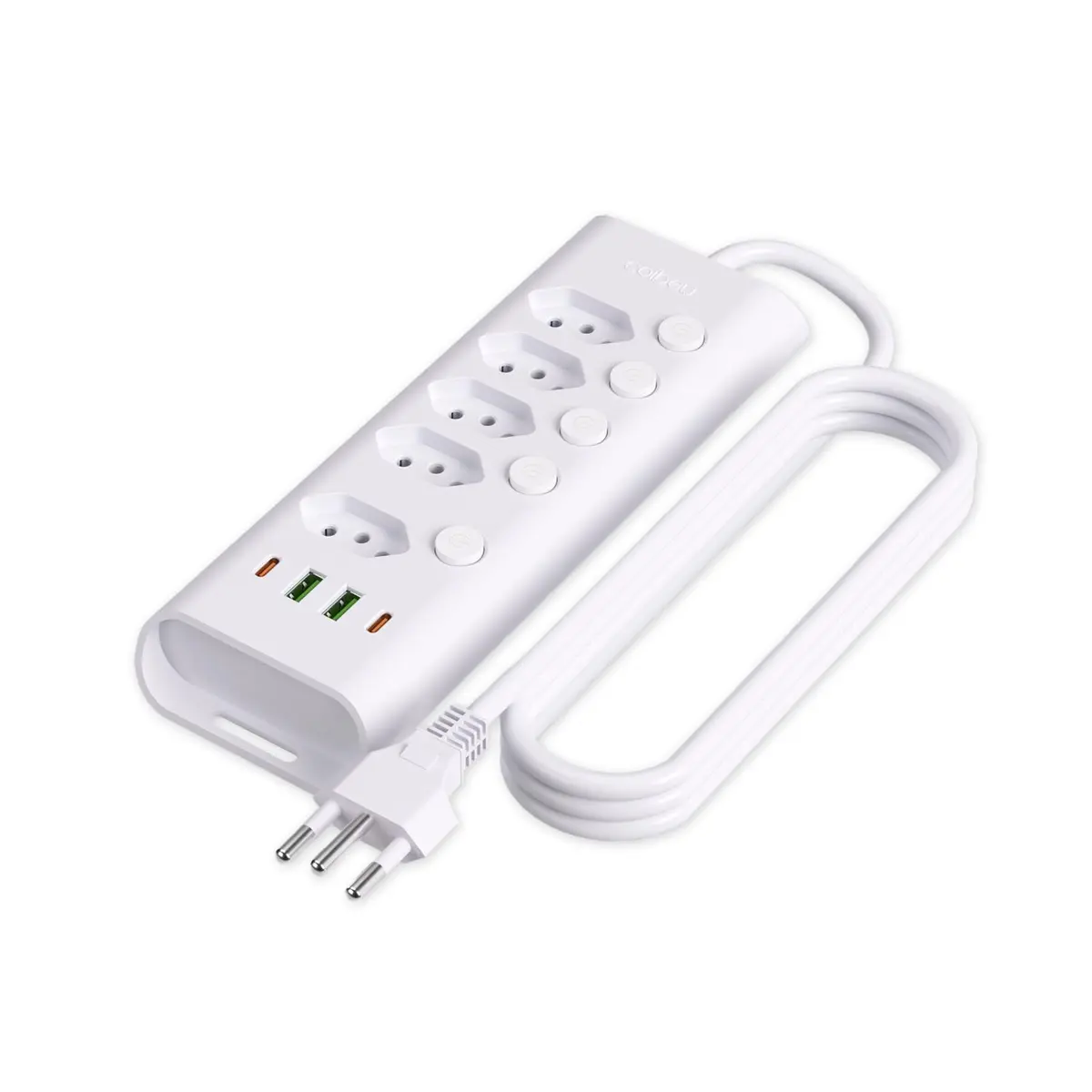 Extensao Eletrica, Filtro de Linha, Extensão Tomada, Régua Tomada, Régua de Energia, 5 Tomadas, 2 Interfaces USB, 2 Porta USB Tipo-C, Cabo de Alimentação de 1,8 Metros, 110-220V, 10A, 2500W, Branco