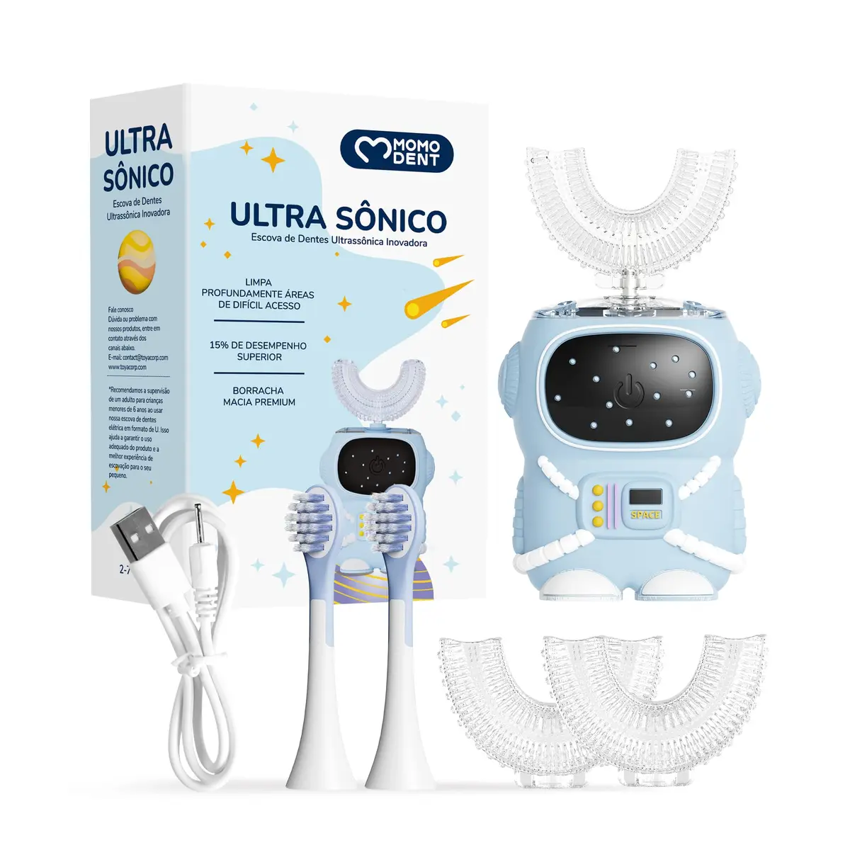 MOMO DENT Escova de Dentes Elétrica Infantil Ultrassônica, 2-7 Anos, 2 Cabeças em U + 2 Tradicionais, Limpeza 360°, Silicone Macio Grau Alimentício, Segura e Atóxica, Recarregável (Azul) - 1