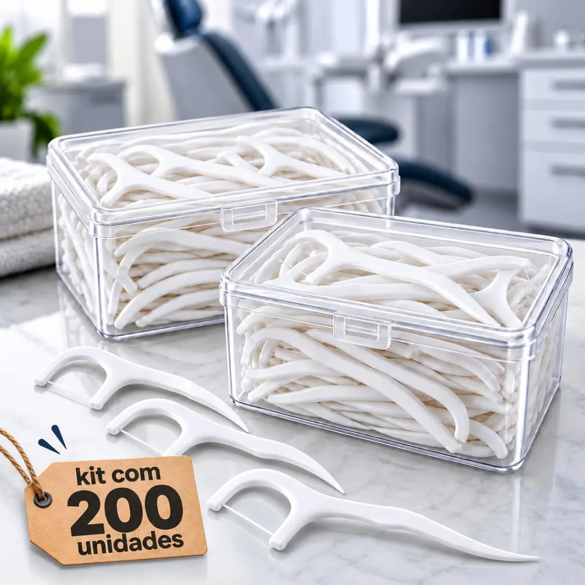 Fio Dental com Haste 2 em 1 Kit 200 Unidades Infantil Adulto Descartável | Fio Resistente - Cabo Anatômico - Limpeza Bucal Profunda - Não agride a gengiva - Duas Funções - Combate Mau Hálito