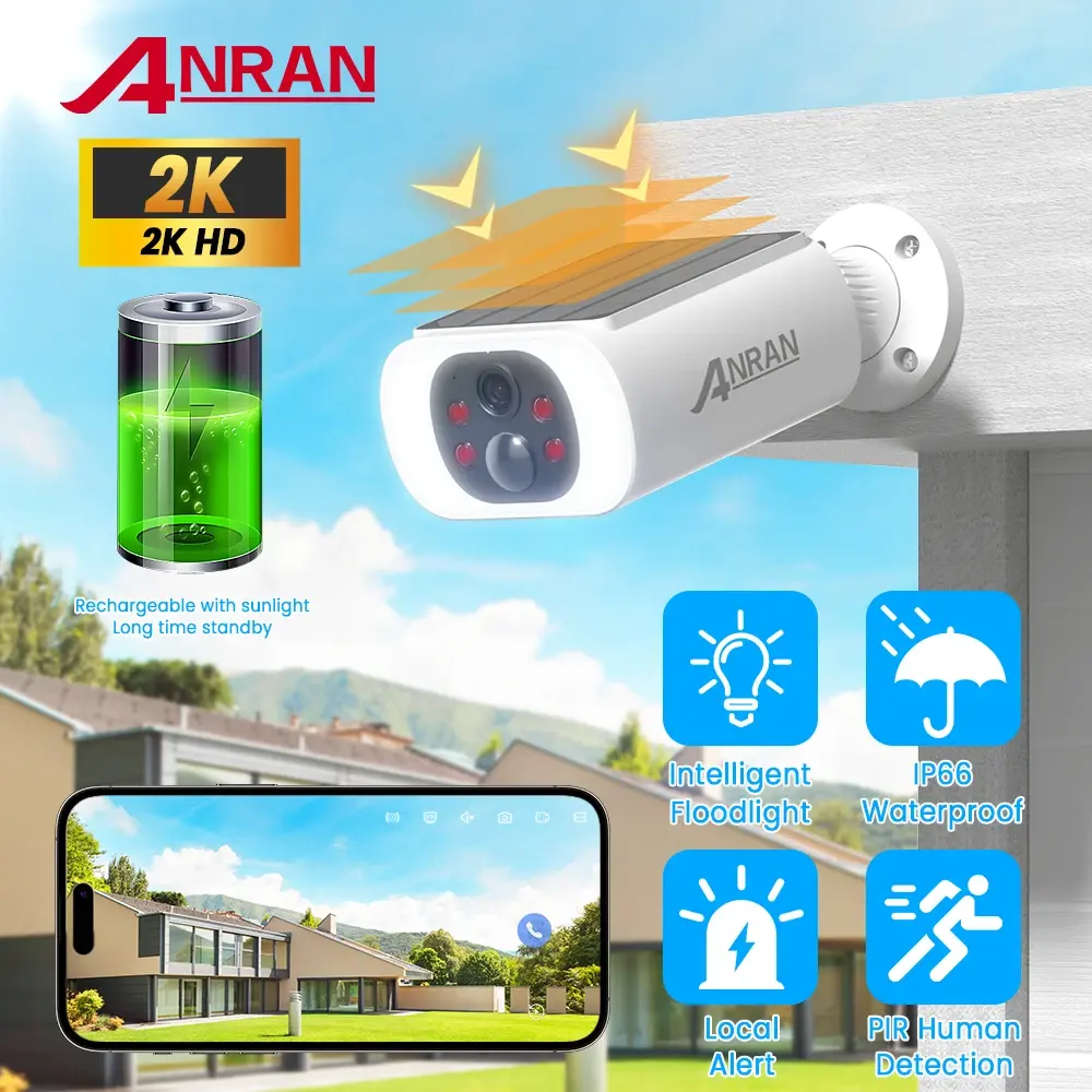 Anran 2k câmera solar bateria embutida 3mp 2.4g wifi câmera de segurança luzes inundação livre básico armazenamento em nuvem cor visão noturna