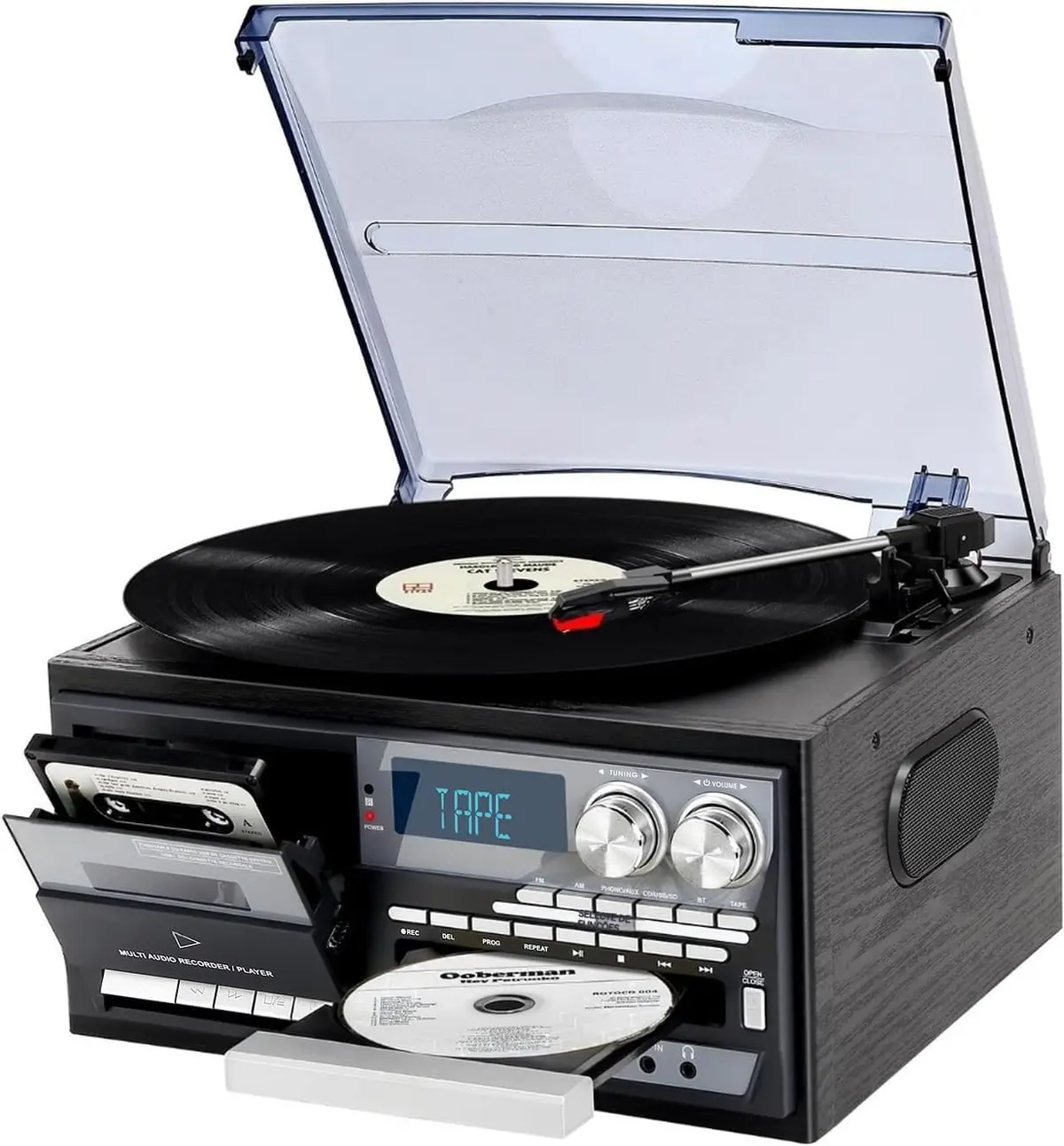 VEDO Toca-discos Retro 9-em-1 Bluetooth, Rádio AM/FM, CD, Cassete, USB/SD/MMC, Alto-falante, Controle Remoto e Saídas RCA - Design em Madeira para Amantes de Vinil, Presente Nostálgico - 1