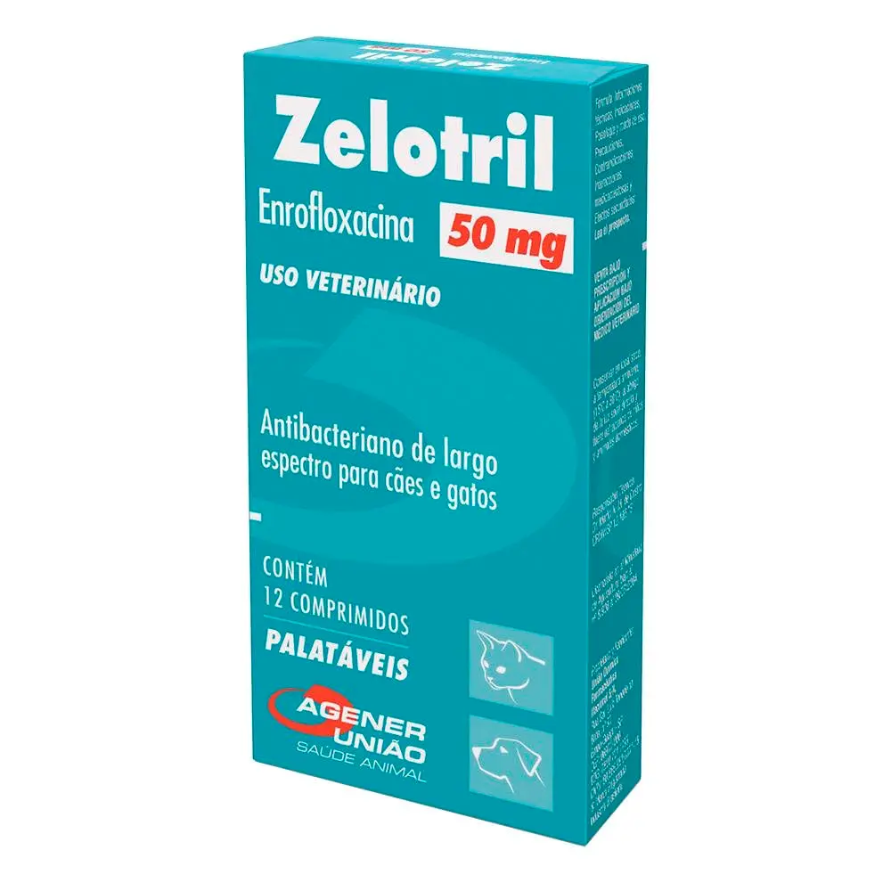 Antibiótico em Comprimidos Zelotril, Enrofloxacino 50mg, 12 Unidades
