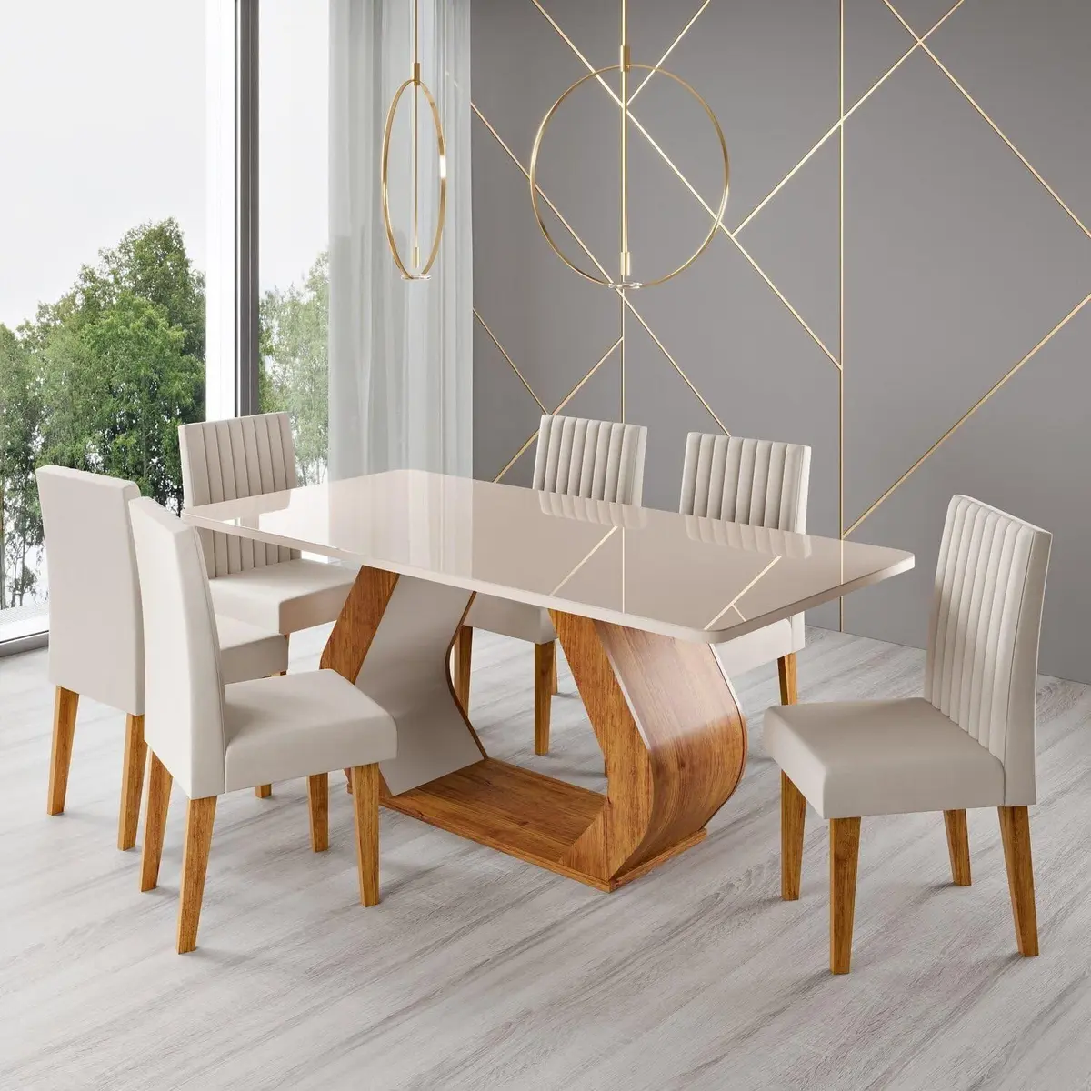 Conjunto Sala de Jantar 6 Lugares Retangular Tampo de Vidro Mdf Tactel Mel/Off White/Bege - 1