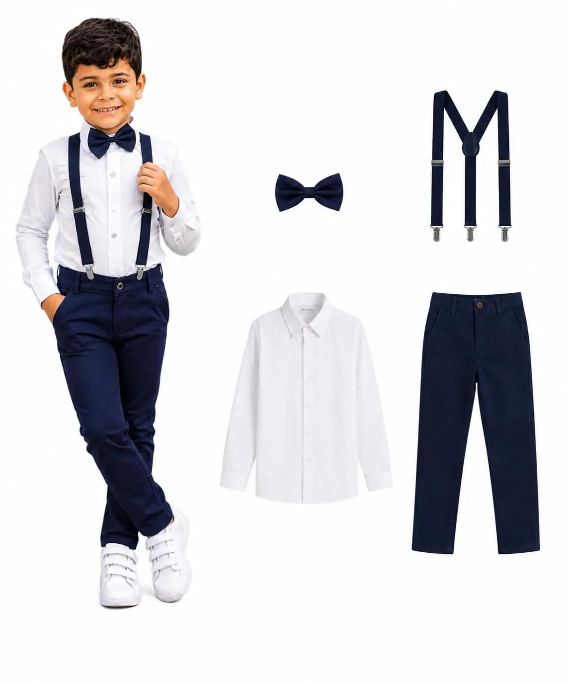 Conjunto Social Infantil Menino Completo Azul Royal com Camisa Branca, Calça, Suspensório e Gravata Borboleta – Roupa para Casamento, Pajem, Batizado e Festa