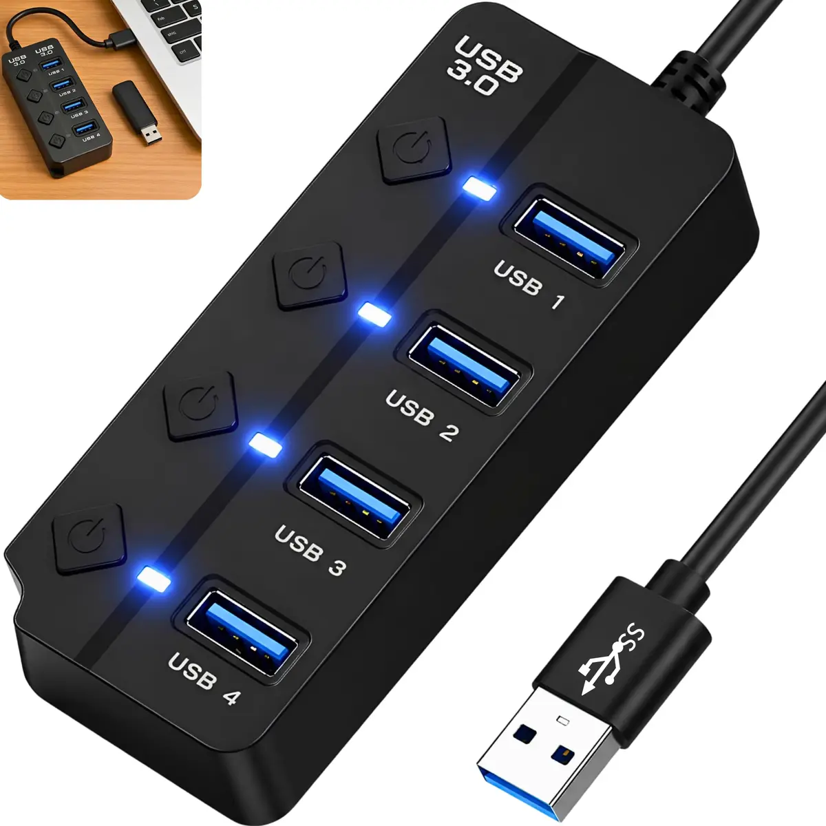 Hub USB 3.0 com 4 Portas 5 Gbps - Botões On/Off Independentes com LED | 4x USB 3.0 (5 Gbps) - Compatível com Notebook, Macbook, PC, Ipad, Dex, Raspberry - Plug and Play, Compacto, Design Moderno - 1