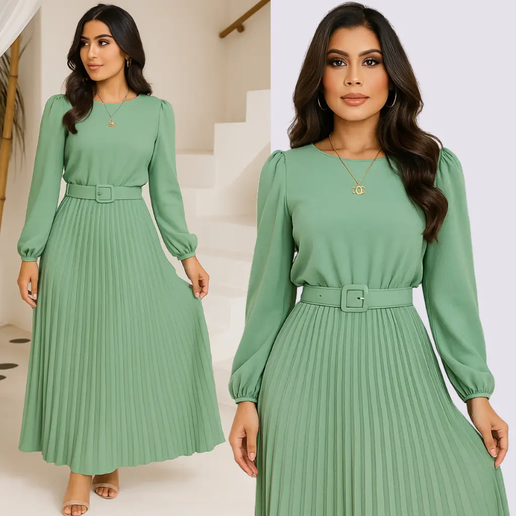 Vestido Evangélico Forrado Manga Longa Plissado Com Cinto Duna - 1