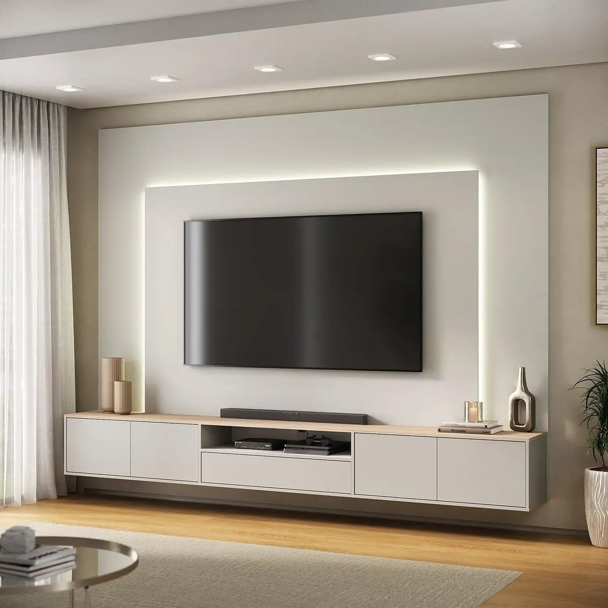 Rack com Painel para TV até 85 Polegadas com LED 100% MDF 270cmx200cm Led Astro YesCasa Argila/Galiano Grann