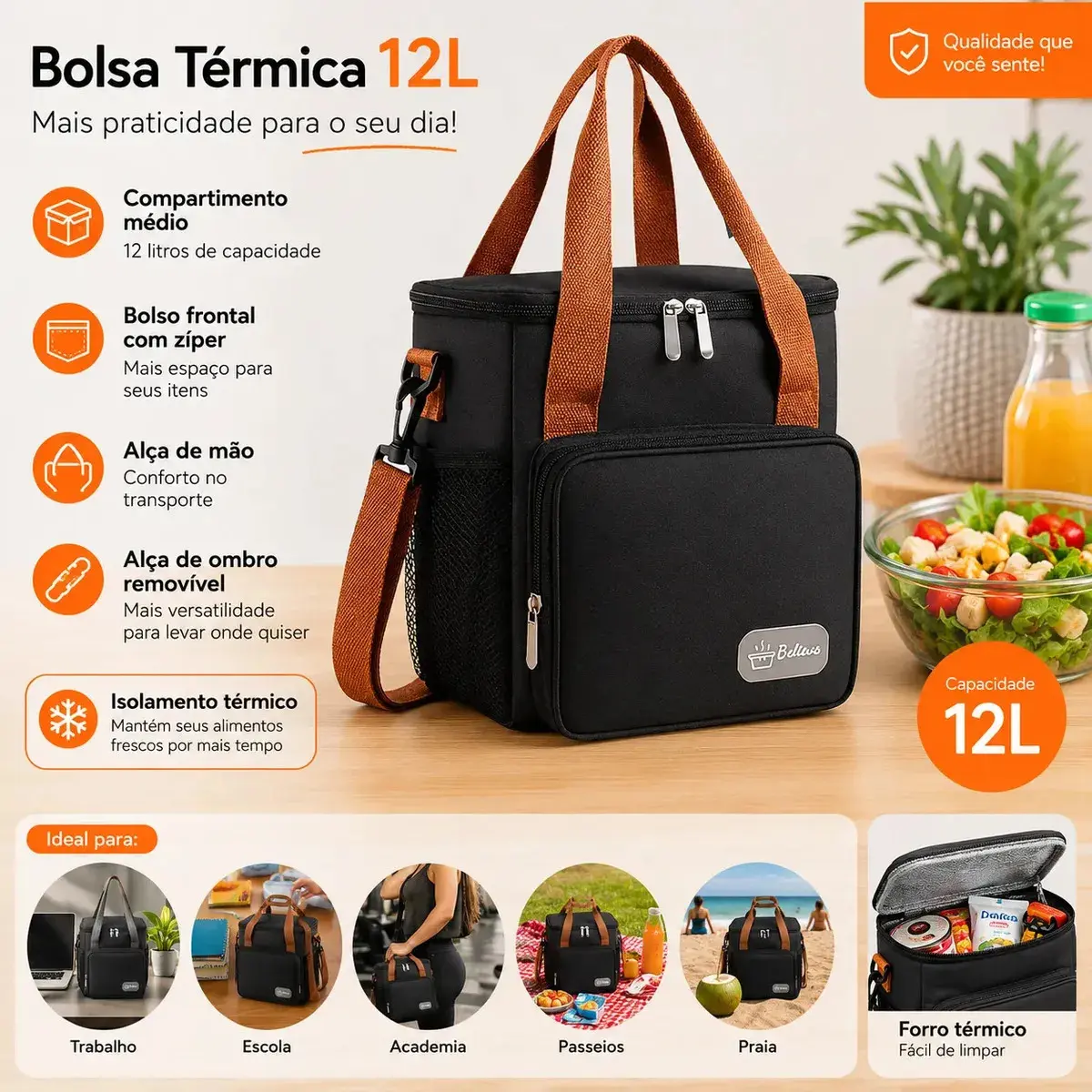 Bolsa Térmica Lancheira Marmita 12L Média Cerveja Comida Bebidas Academia Trabalho Escola Passeio Alça Ajustável e Removível Conserva Quente E Frio Cor Preta Tche Amo thumbnail 2