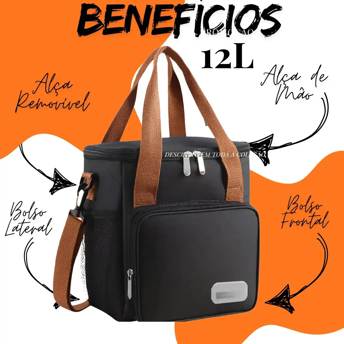 Bolsa Térmica Lancheira Marmita 12L Média Cerveja Comida Bebidas Academia Trabalho Escola Passeio Alça Ajustável e Removível Conserva Quente E Frio Cor Preta Tche Amo thumbnail 3
