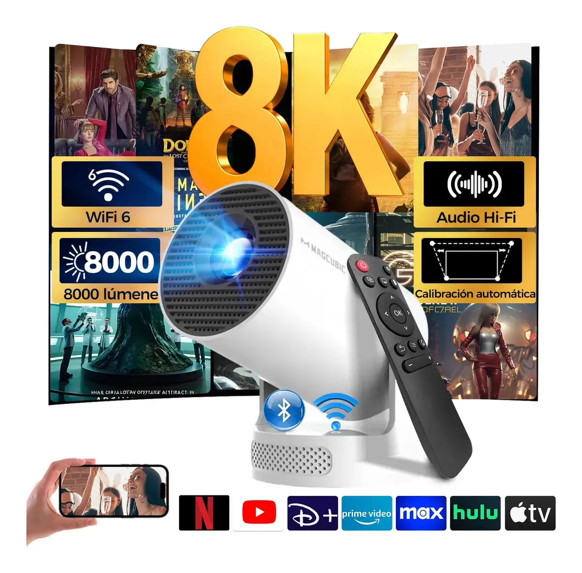 Mini projetor portátil Magcubic 8k Hy300pro+ Led 260ansi Android Smart TV Dual Wifi6 Bluetooth 5.4 com HDMI USB e som Hifi - 1
