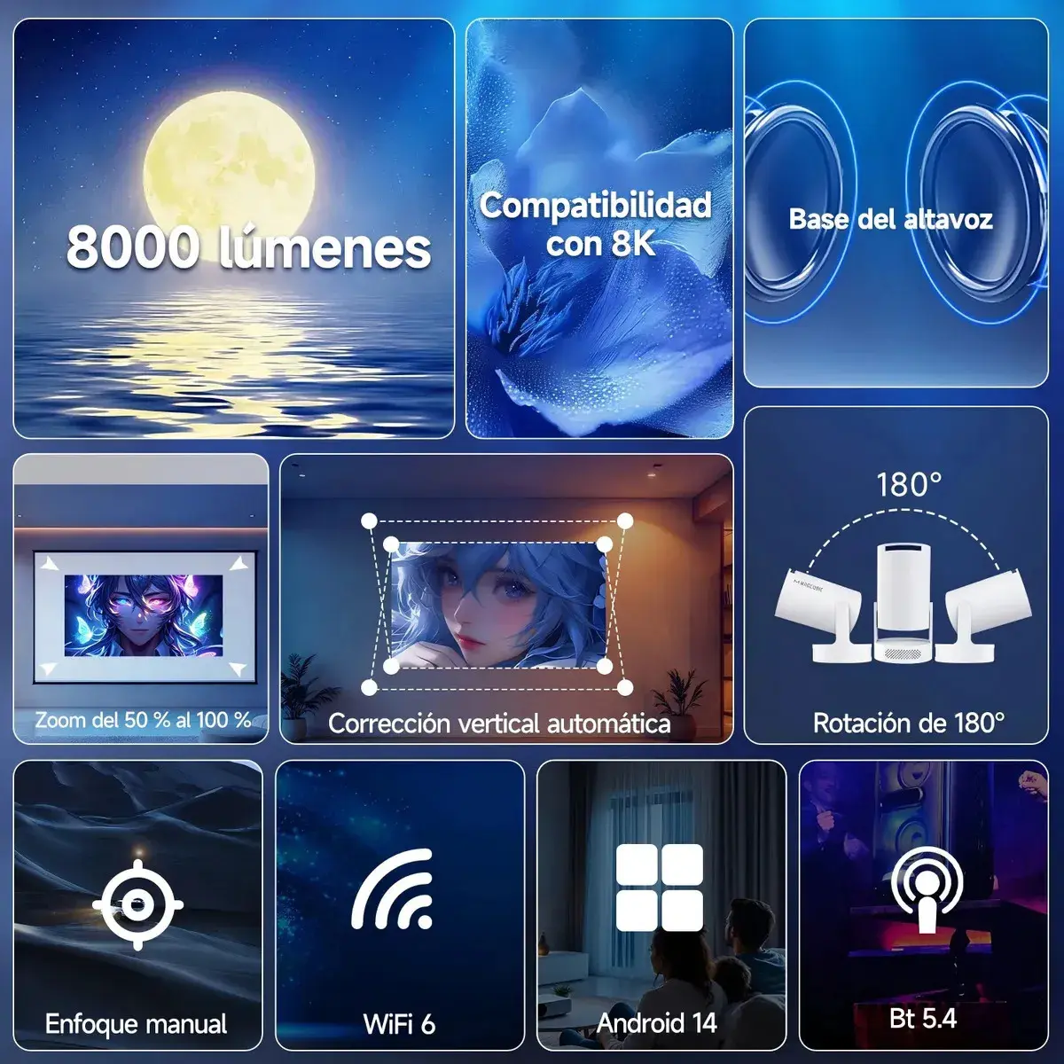 Mini projetor portátil Magcubic 8k Hy300pro+ Led 260ansi Android Smart TV Dual Wifi6 Bluetooth 5.4 com HDMI USB e som Hifi thumbnail 2