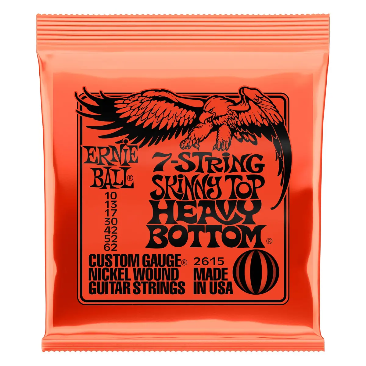 Cordas de guitarra elétrica 7 cordas Ernie Ball Skinny Top Heavy Bottom Slinky Nickel Wound P02615, calibre 10-62