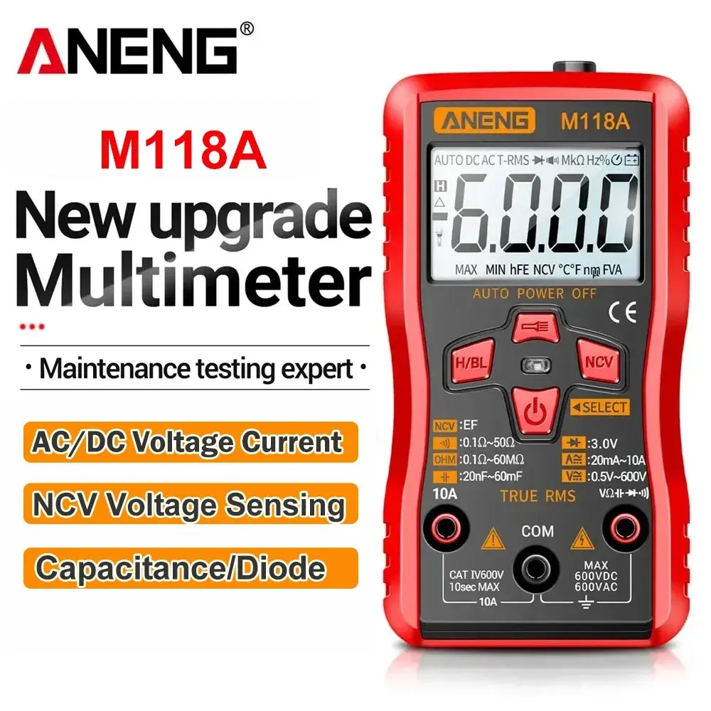 Multímetro digital mini mmultimetro 6000 contagem aneng m118a tensão ac auto capacitância resistência diodo medidor ncv tester ferramenta - 1