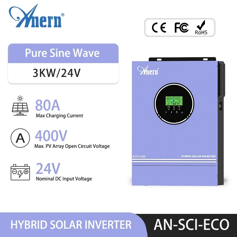 Anern 3000W 1600W 1500W 1000W Inversor Híbrido 24V 12V Construído em 80A MPPT Off Grid Inversores Solares MAX PV 400Vdc 150Vdc