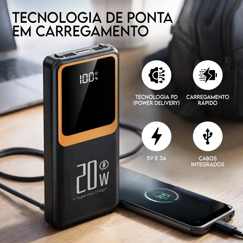 Power Bank Turbo Portátil 20000mah Turbo 22.5w Premium Universal Rápida Carga Para Celular iPhone Xiaomi Motorola LG Smartwatch Tablet Display Digital Viagens Festa Ios Hardline Preto Ou B thumbnail 3