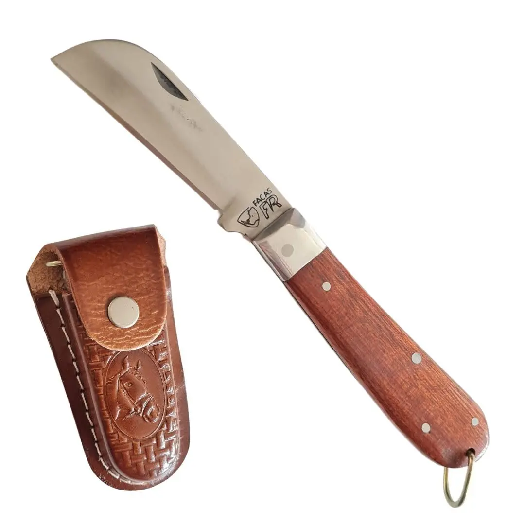 FACAS FR Canivete Artesanal Aço Inox Cabo Madeira Bainha Couro Lâmina 8cm