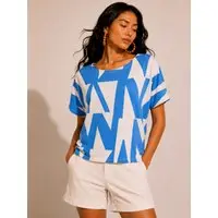 Blusa CabanaFree Básica Morcego Malha Gola Canoa Manga Curta Geométrica Blue - 1