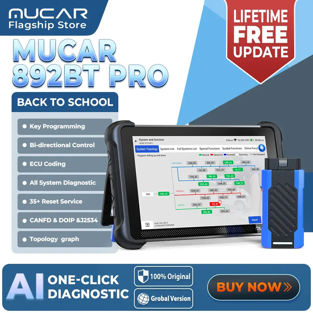 MUCAR 892BT PRO AI Key Programmer TKEY 101 Topology Ferramenta de Diagnóstico Automotivo J2534 Scanner OBD2 Bidirecional para Carros Codificação de ECU CANFD DOIP 35 Resets Restauração Completa da Vida Útil do Sistema