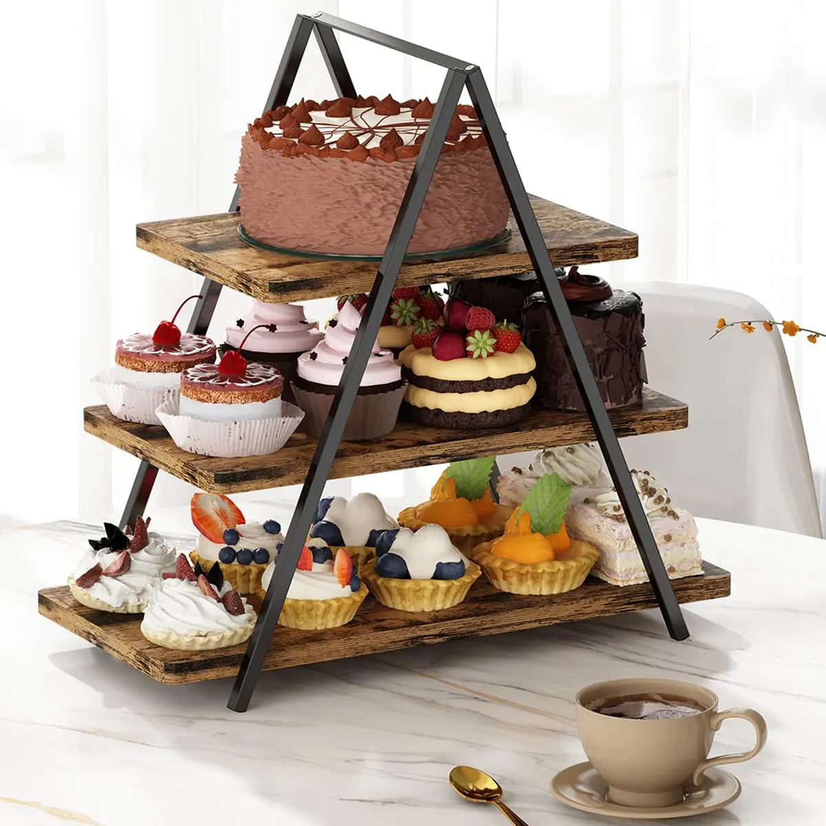 Boleira, Porta Bolo de 3 Camadas, Prato para Bolo Rústica com Escadas | Bandeja de Madeira Cremalheira de Exibição, Adequado para Bolos, Sobremesas, Frutas, Lanches, Cupcakes