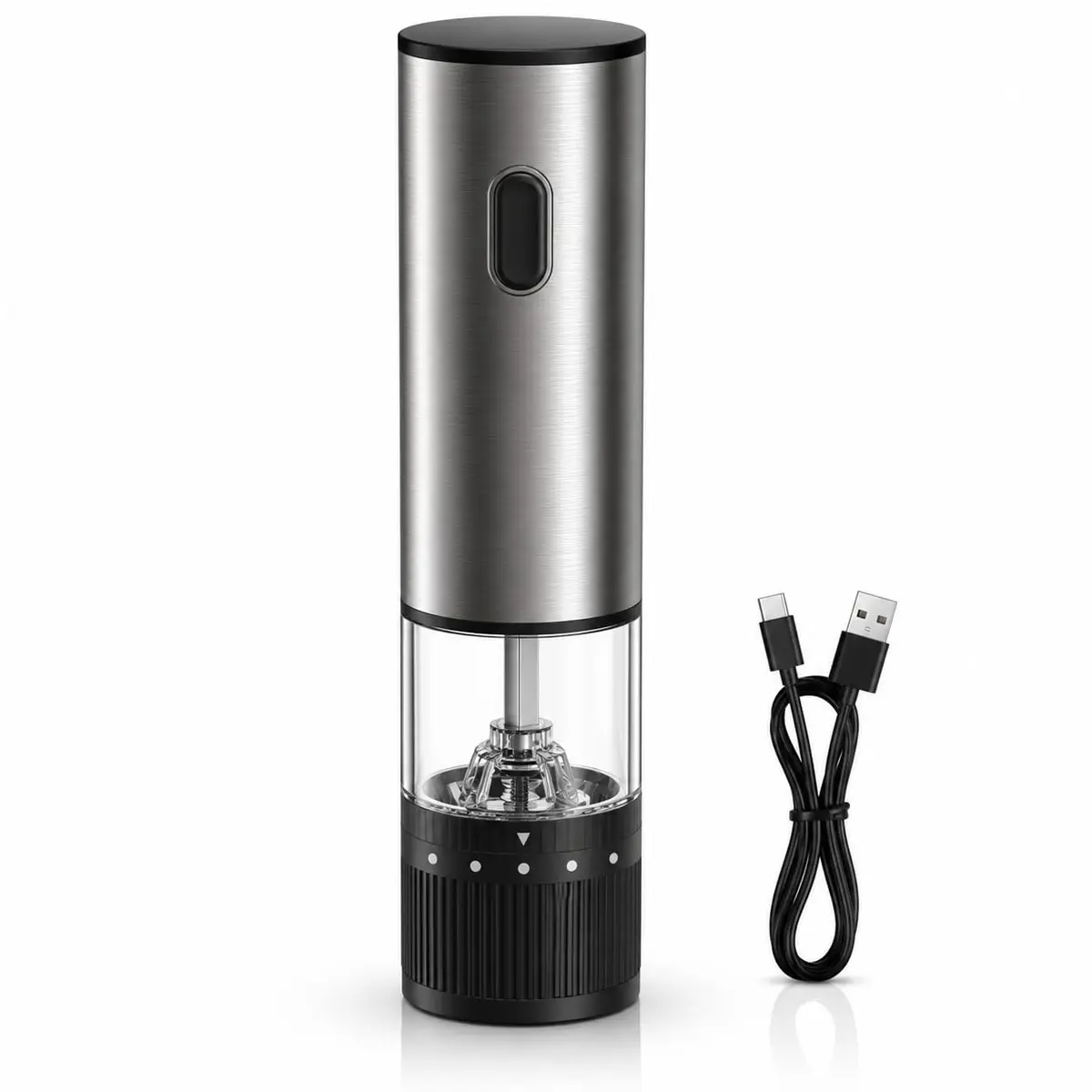 Moedor Eletrico Automatico de Grãos Sal Pimenta USB Recarregavel em Aço Inoxidavel 5 Niveis de Moagem Portátil Durável Higienico para Cozinha Churrasco Grãos Temperos e Sal