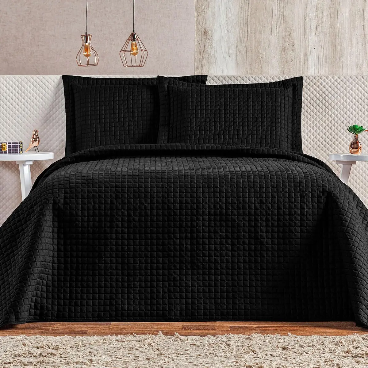 Cobre Leito Colcha Casal Queen 03 Peças 200 Fios Matelado Elegante Plata (Preto)