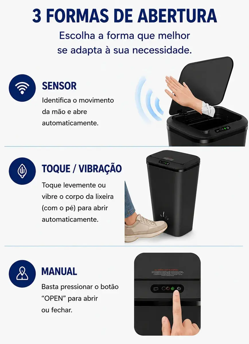 Lixeira Quadrada Preta 16L Inteligente Automática com Sensor para Banheiro e Cozinha thumbnail 2