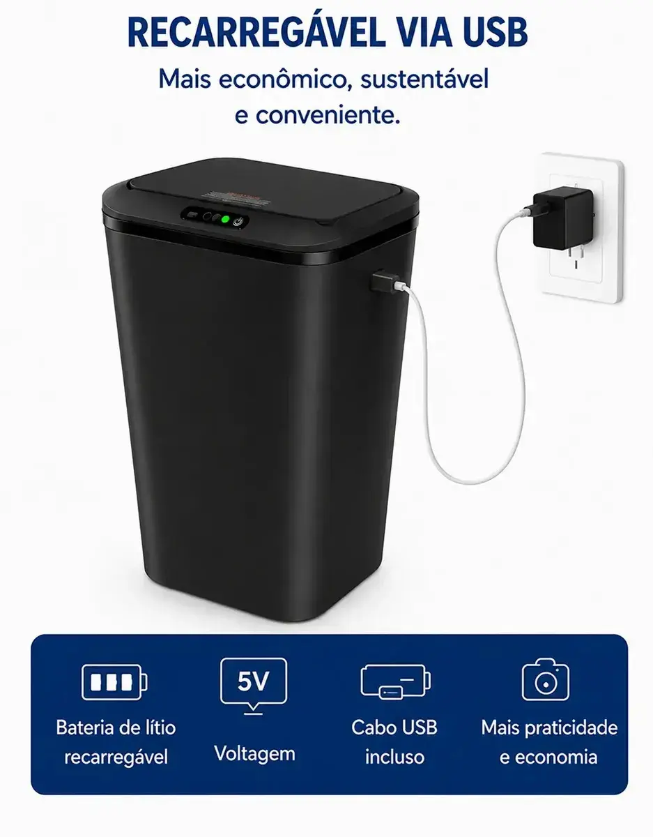 Lixeira Quadrada Preta 16L Inteligente Automática com Sensor para Banheiro e Cozinha thumbnail 3