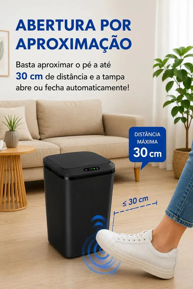 Lixeira Quadrada Preta 16L Inteligente Automática com Sensor para Banheiro e Cozinha thumbnail 4