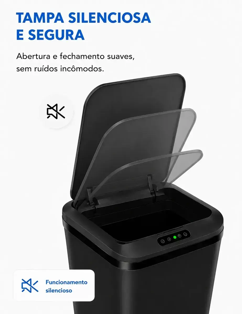 Lixeira Quadrada Preta 16L Inteligente Automática com Sensor para Banheiro e Cozinha thumbnail 7