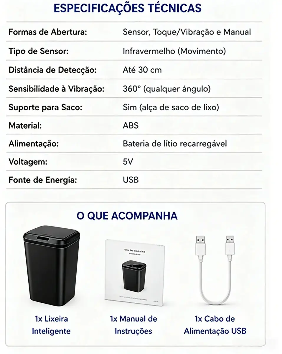 Lixeira Quadrada Preta 16L Inteligente Automática com Sensor para Banheiro e Cozinha thumbnail 9