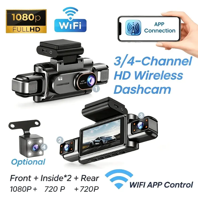 Câmera Veicular WiFi de 3-4 Canais, 1080P Full HD, Controle WiFi via APP, Tela de 3.5", Visão Noturna HD, Vigilância de Estacionamento 24H - 1