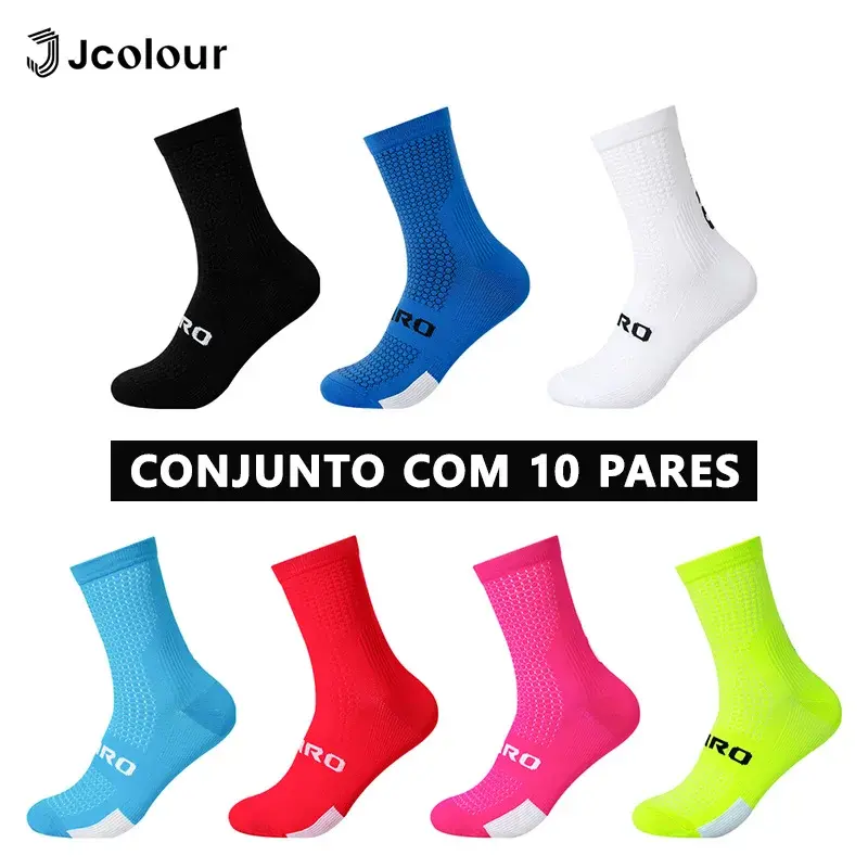 Kit 10 Pares Meias Ciclismo, Respirável, Cores Vibrantes, Cano Médio, Esportiva, Confortável, Unissex, Atacado, Meias Poliamida