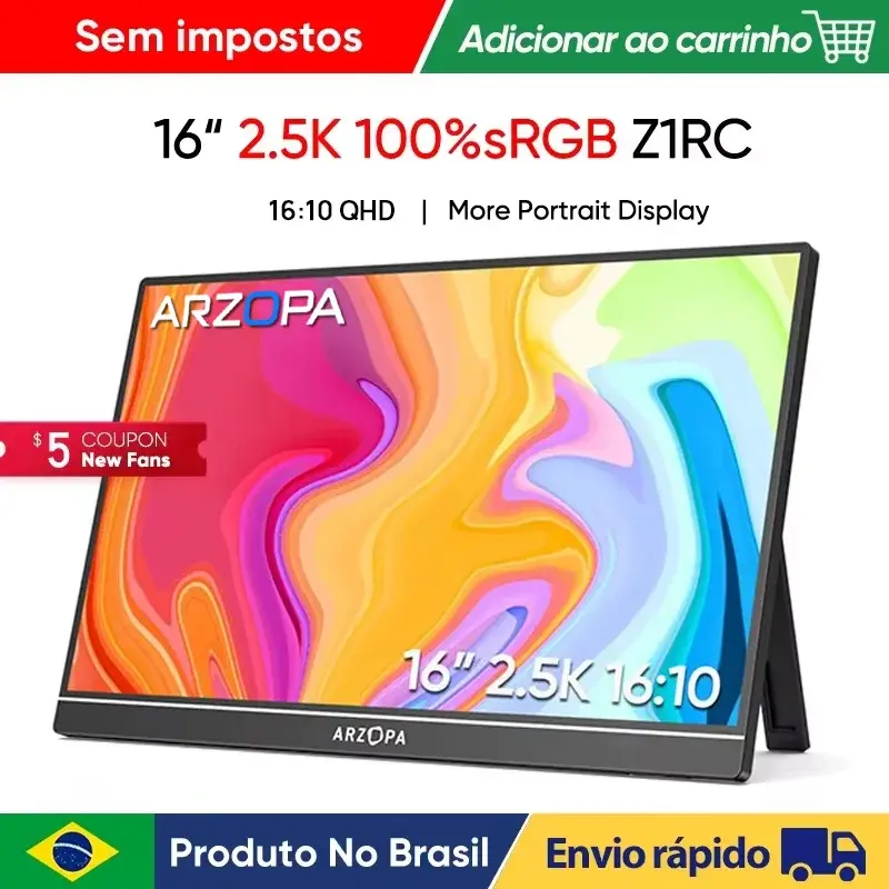 Monitor Portátil ARZOPA de 16 Polegadas 2K, Tela IPS 16:10 com Tipo-C e Mini HDMI, Segundo Display para MAC/Laptop/PC/Xbox/PS4/5/Switch, Z1RC - 1