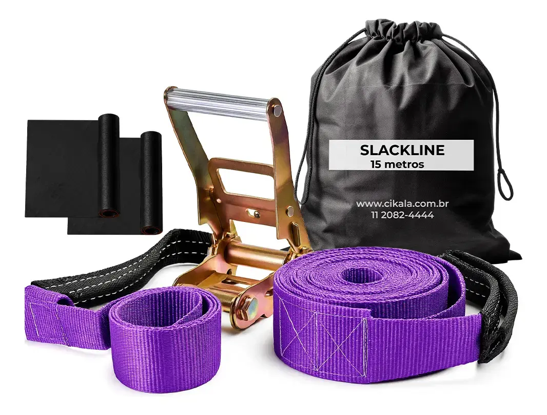 Kit Slackline Roxo Cinta 15,7 Mt Alça Catraca Protetor Bolsa