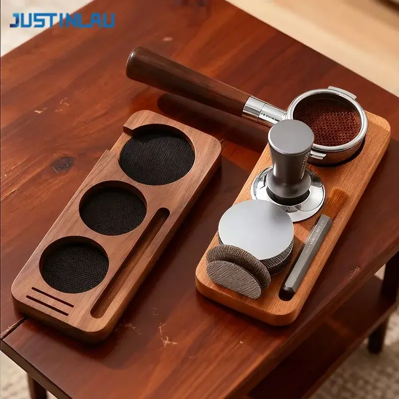 Justinlau 51/53mm/58mm café tamper esteira estação suporte portátil de madeira escova café filtro distribuidor base armazenamento