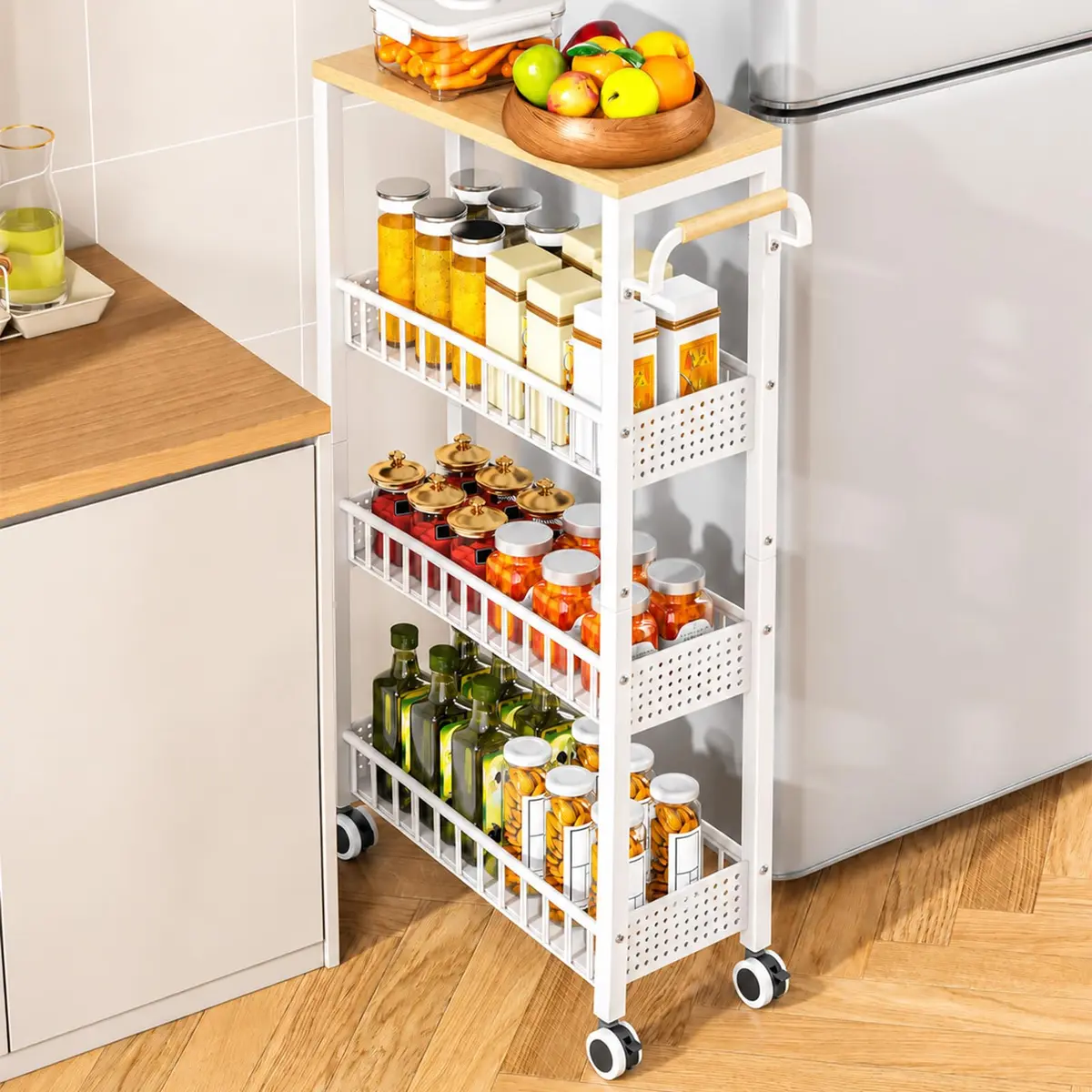 Carrinho de Armazenamento com Rodinhas, Suporte de Metal para Frutas e Vegetais com Cesto Removível, Suporte para Carrinho de Cozinha, Banheiro e Sala de Estar com Rodas (86.5 * 40 * 20CM)