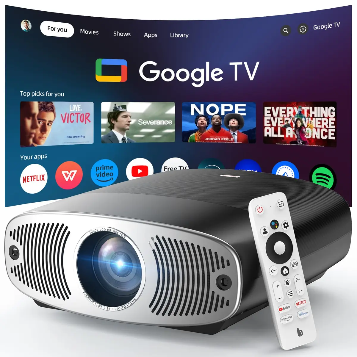 Projetor Bettdow Full HD 1080p, 850 ANSI Lumens, Android 9.0 e Google TV, WiFi 6, Bluetooth 5.0, Suporte 4K - 1