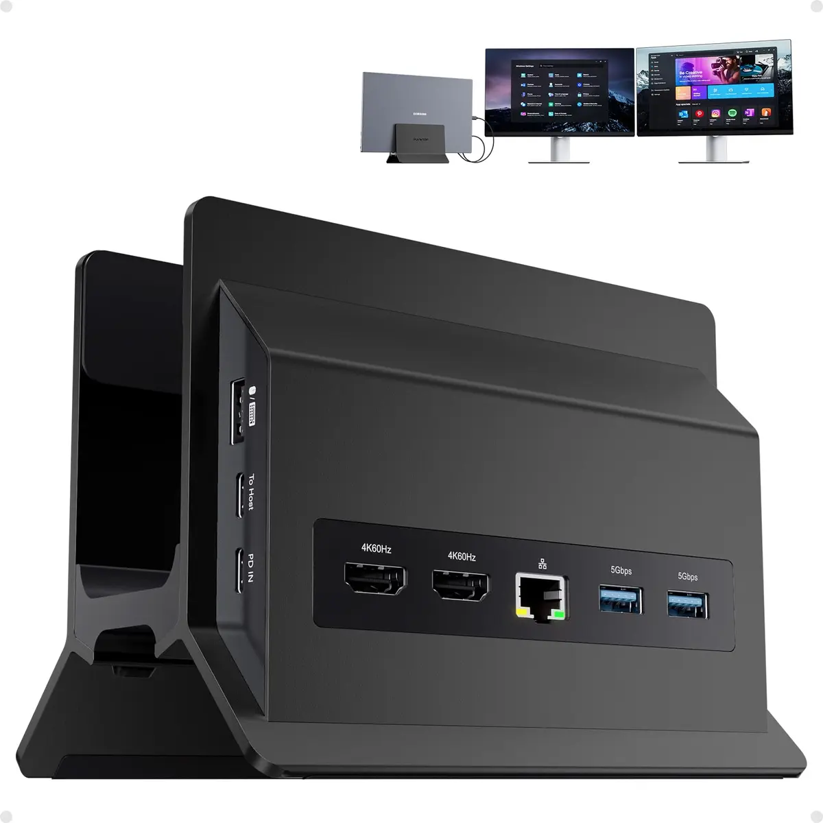 Estação de ancoragem USB C 11 em 1 monitor duplo base vertical HDMI 4K 60Hz | PULWTOP para laptop com 2x HDMI, 3x USB A/C 10Gbps, 2 x USB A 5Gbps, Ethernet, estação de ancoragem PD3.0 para laptops tipo C - 1
