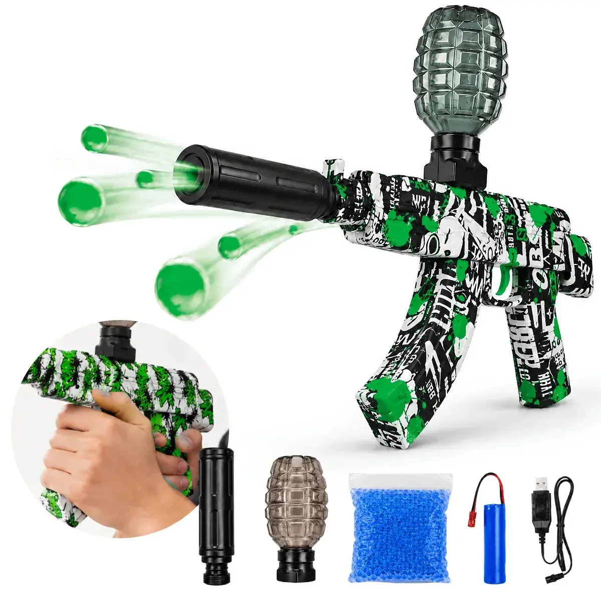 Metralhadora Automática Arminha Brinquedo Lançador Bolinhas Gel Recarregavel Ak47 Cor Verde - 1