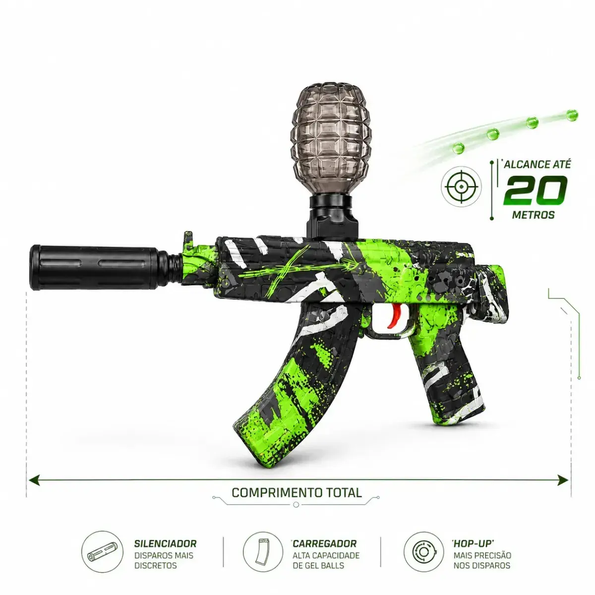 Metralhadora Automática Arminha Brinquedo Lançador Bolinhas Gel Recarregavel Ak47 Cor Verde thumbnail 4
