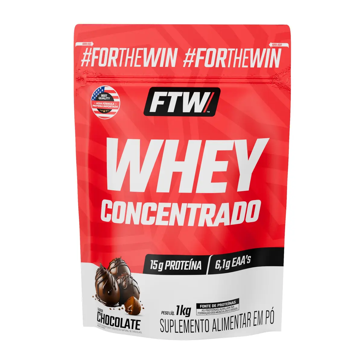 FTW Whey Concentrado com Proteína Concentrada WPC, Suplemento Alimentar em Pó com 15g de Proteína por Porção, Rico em Aminoácidos Essenciais, Sem Glúten – Refil 1KG (Chocolate) - 1