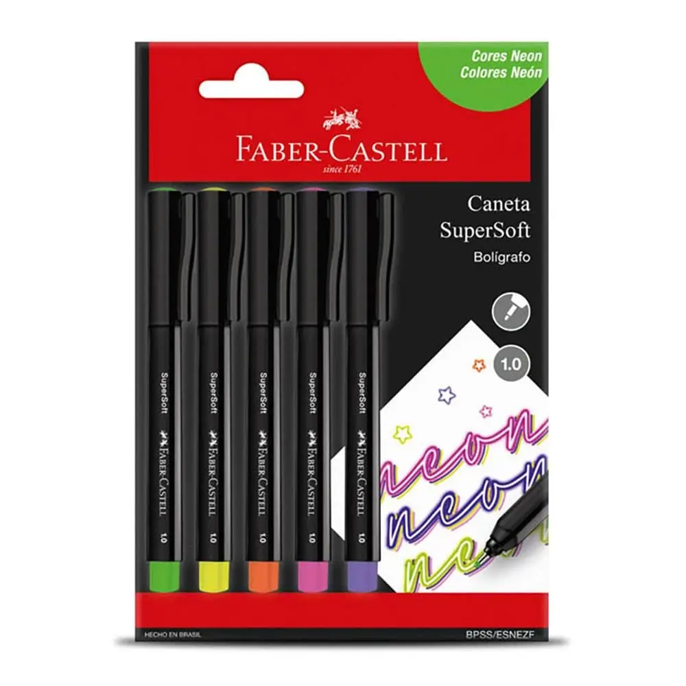Caneta SuperSoft Neon 1.0mm, Faber-Castell, 5 Cores, 1 Cartela - BPSS/ESNEZF
