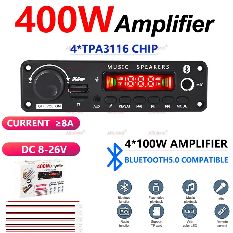 400w amplificador bluetooth mp3 wma ape placa decodificadora DC8-26V handsfree microfone de áudio do carro usb tf rádio fm diy mp3 leitor música