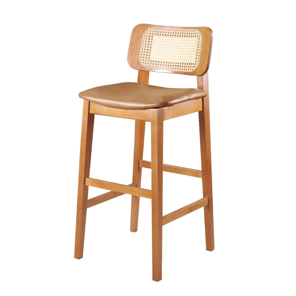 Banqueta Alta Fiorella Cozinha Madeira Maciça Encosto Tela Rattan Sextavada (Couríssimo Marrom) - 1