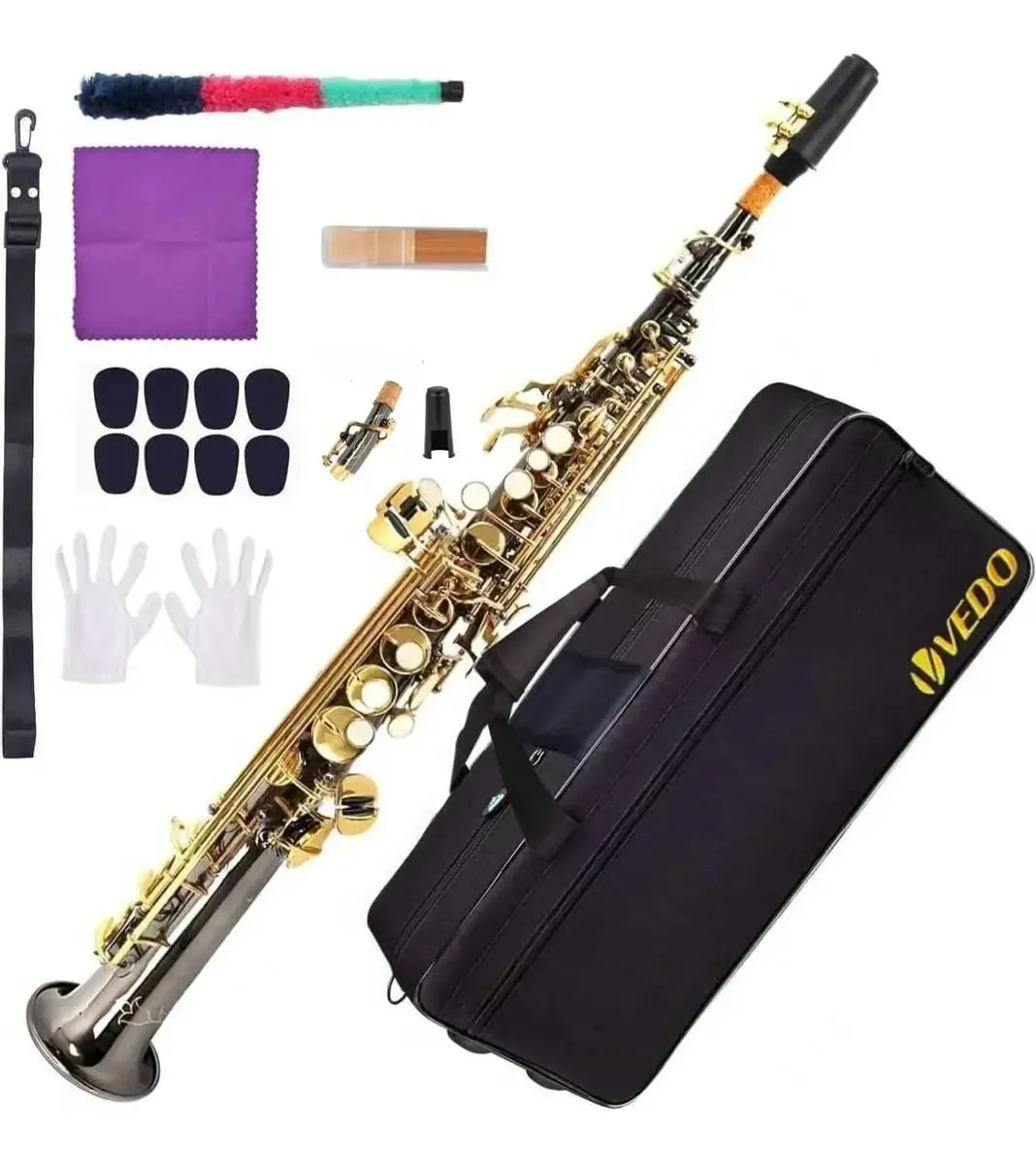 VEDO Saxofone Soprano Reto em Si bemol, Cor Preto, em Latão H68, com Estojo Rígido, Boquilha, Palhetas, Acessórios de Limpeza – Ideal para Iniciantes e Intermediários