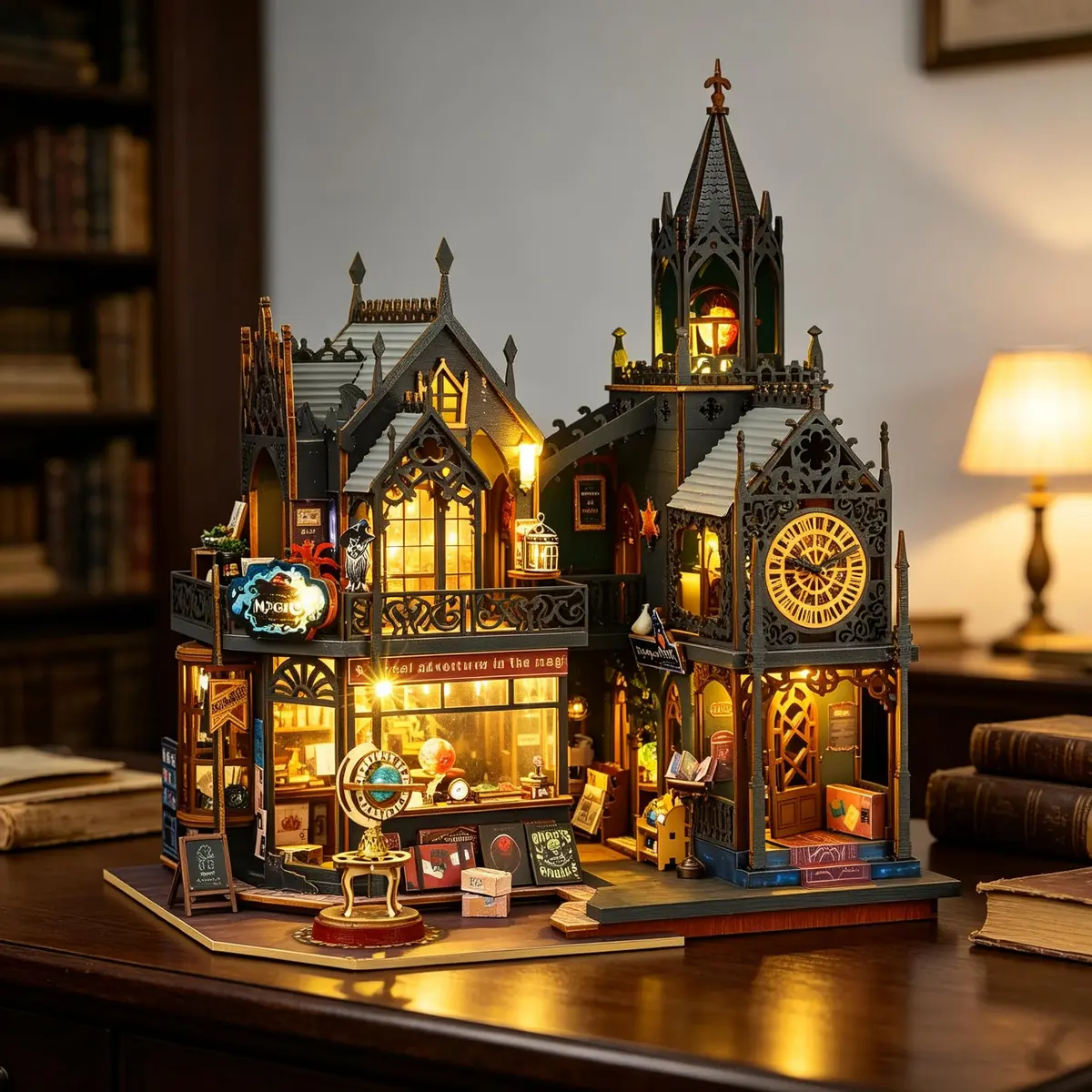 Kit DIY Casa Miniatura Castelo Mágico Modelo de Madeira Com Iluminação LED Brinquedo de Montagem Artesanal (Castelo Mágico com Capa Antipoeira)