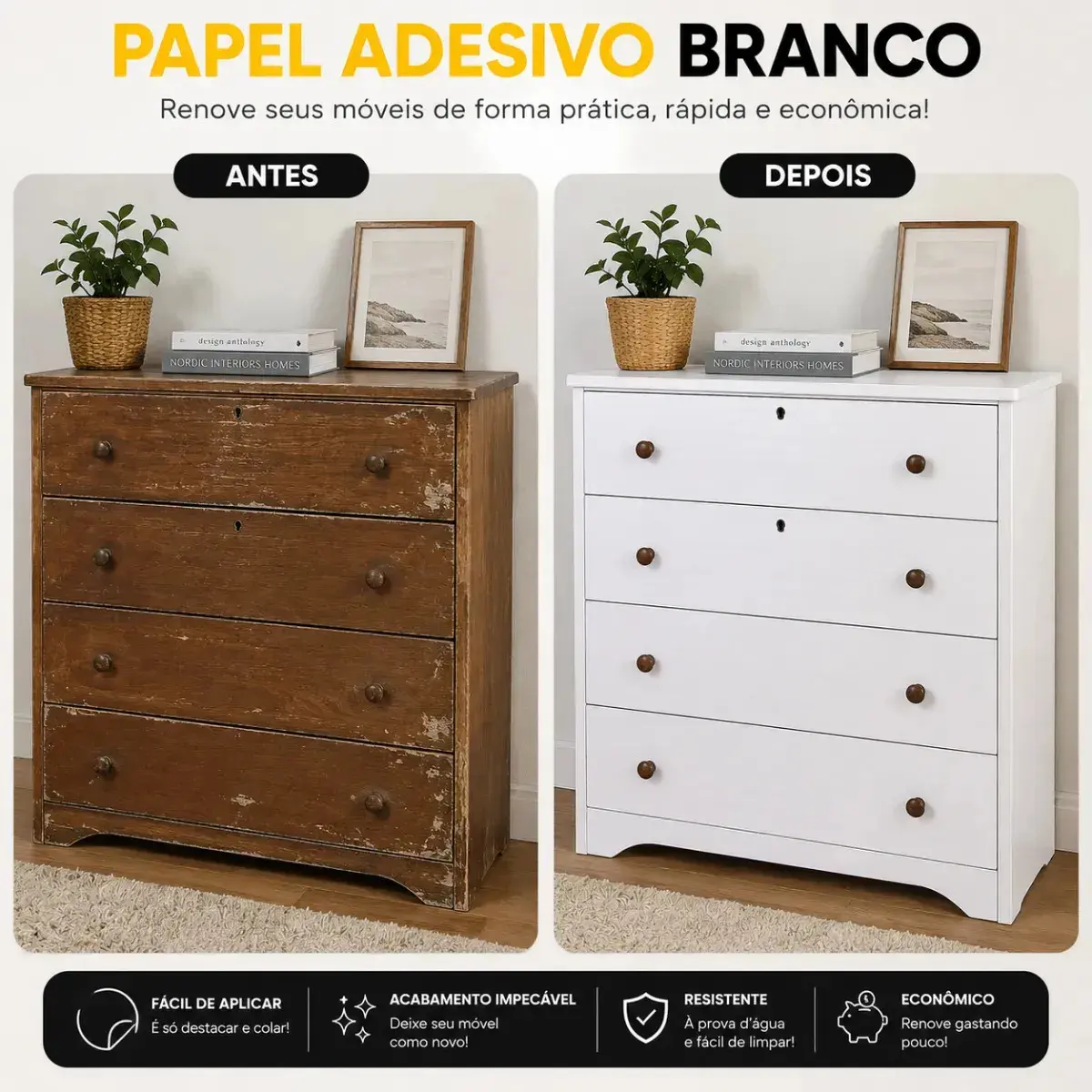 Papel Adesivo 2 Metros X 45cm Envelopamento Móveis E Parede Branco Fosco Autocolante Lavável Vinílico CNC DO BRASIL thumbnail 5